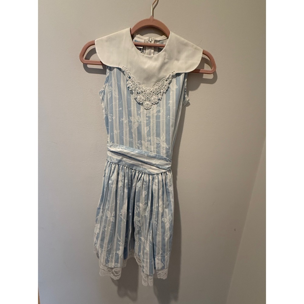 Vintage 1970s Bonnie Jean Floral Stripe Lace Trim Dress Size